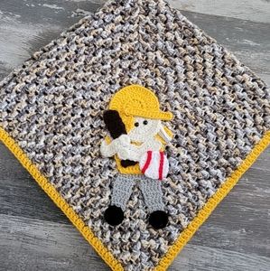 Handcrafted crochet granny square baby blanket, baseball player
